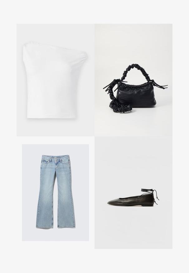 Balta, vienas pleca topa blūze, izgatavota no gludas auduma. Iespējo piegulošu dizainu ar asimetrisku dekoltē un vienkāršu apakšmali.; Weekday NOVA - Pieguloša piegriezuma džinsi - lip blue; Melnas ādas baleta kurpes ar smailu purngalu, potītes saitēm un plakanu zoli, kas izceļas ar gludu tekstūru un minimālistisku dizainu.; Melnā mākslīgās ādas rokassoma ar krokodila rakstu, savilkta augšdaļa un saburzīta siksna. Izskatās mīksta un kompakta pēc dizaina.