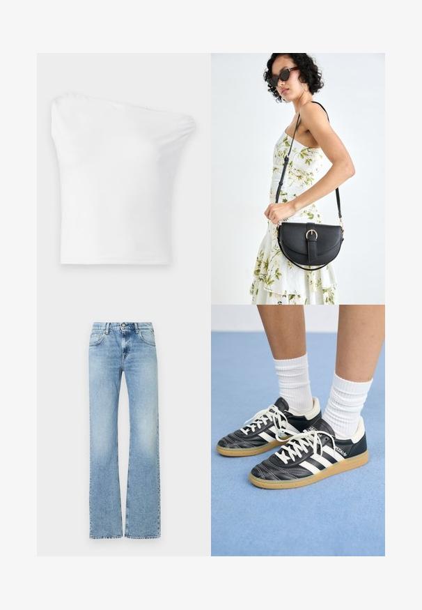 Fehér, egyvállas, sima anyagból készült felső. Testhez simuló kialakítással rendelkezik, aszimmetrikus nyakkivágással és egyszerű alsó szegéllyel.; Világoskék magas derekú farmernadrág enyhe koptatással, elülső gombbal, cipzáras záródással és öt zsebes kialakítással, egyenes lábakkal.; Fekete bőr sportcipők fehér csíkokkal, kerek orral, fehér fűzővel és gumírozott talppal. Párnázott bokarész és márkajelzések emelik ki.; Fekete bőrtáska ívelt formával, levehető pánttal és arany színű fémrészekkel. A táskán egy csattal díszített fedél található.