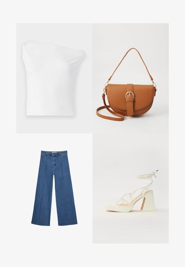 White, one-shoulder top made of smooth fabric. Features a fitted design with an asymmetrical neckline and a simple hem.; Wide-leg denim jeans in medium blue, featuring a high waist, button closure, and contrasting vertical seam details along the front.; White high-heeled sandal with a chunky heel, featuring a strappy design and ankle tie. Smooth texture with a platform front for added height.; Brown leather crossbody bag with a curved shape, gold hardware, and a buckle accent. Features a detachable shoulder strap.
