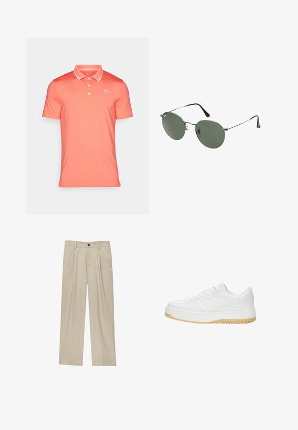 Korall színű, rövid ujjú polo ing, három gombbal és fehér színű gallér részletekkel. Bal mellen egy kis logó található. Simább textúrájú.; Beige egyenes szárú nadrág, egy fekete gombbal, övhurkokkal és oldalzsebekkel. Sima szövettextúra és minimális design.; Fehér bőr sneaker, texturált felülettel, gumitalppal, fűzős kialakítással és diszkrét csíkozással az oldalakon.; Fémkeretes napszemüveg ovális zöld lencsékkel. Vékony ezüst színű fémkeret és fekete fülrész. Minimalista dizájn, látható logók nélkül.