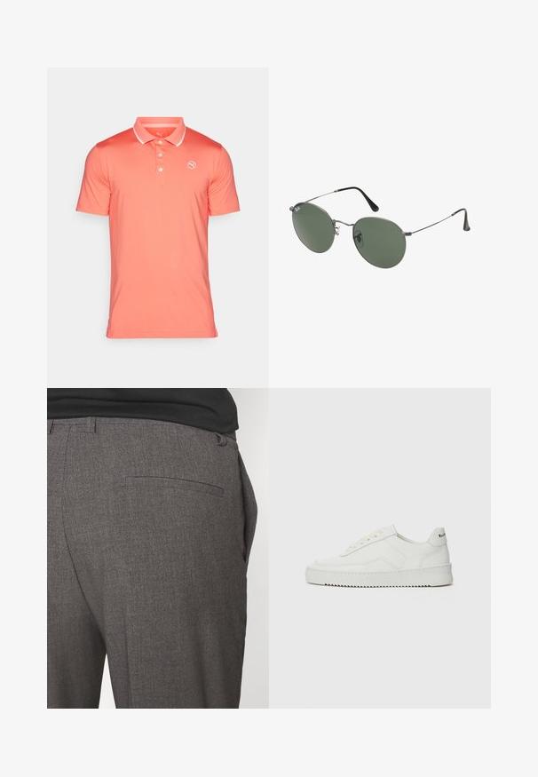 Koralowa koszulka polo z krótkim rękawem, z trzema guzikami i białymi akcentami kołnierzyka. Na lewej piersi znajduje się małe logo. Gładka faktura.; Szare dopasowane spodnie o gładkiej strukturze, z pojedynczą kieszenią z tyłu i slim fit. Tkanina ma subtelny wzór.; Białe skórzane sneakersy o gładkim wykończeniu, okrągłym nosku, płaskich sznurówkach i teksturowanej podeszwie. Charakteryzują się delikatnym logo na pięcie.; Okulary przeciwsłoneczne z metalową ramą i owalnymi zielonymi soczewkami. Cienka srebrna metalowa rama i czarne końcówki zauszników. Minimalistyczny design, bez widocznych logo.