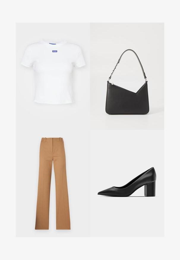 Λευκό βαμβακερό μπλουζάκι με κοντά μανίκια, στρογγυλή λαιμόκοψη και μπλε ορθογώνια ετικέτα λογότυπου που γράφει "HUGO" στο κέντρο μπροστά.; HUGO HULANA - Chinos - open brown; Μαύρη δερμάτινη γόβα με μυτερή μύτη και χοντρό τετράγωνο τακούνι. Λείος υφασματικός σχεδιασμός, απλή γραμμή, κατάλληλη για επίσημες περιστάσεις.; Μαύρη δερμάτινη τσάντα χειρός σε τριγωνικό σχήμα, με λεπτό λουράκι και ασημί αξεσουάρ. Διαθέτει φερμουάρ κλεισίματος και ανάγλυφο λογότυπο στην μπροστινή πλευρά.