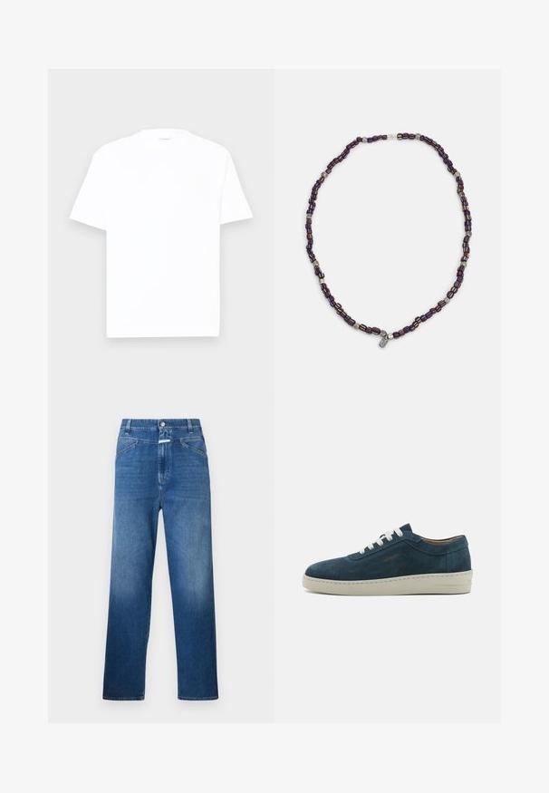 T-shirt bianca in cotone con colletto rotondo, maniche corte e vestibilità comoda. Tessuto liscio, dettagli minimi e senza motivi o grafiche.; Jeans in denim blu con una vestibilità dritta, dotati di chiusura con bottone, passanti per la cintura e leggeri sbiancamenti sulle cosce.; Sneaker in suede blu con punta arrotondata, lacci bianchi e suola in gomma. Presenta cuciture sottili e un'accents branded sul lato.; Collana di perline multicolori con perline blu scuro, rosse e gialle, intervallate da accenti argentati e un ciondolo pendente.