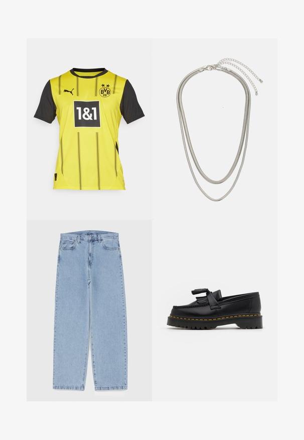 Rumena in črna športna majica s kratkimi rokavi z navpičnimi črtami, ki vsebuje logotip, številko 1&1 v okvirju in znamko Puma na rami.; Svijetloplave traperice s ravnim nogavicama, srednjeg struka, pet džepova te zatvaranjem na gumb i munju.; Črne usnjene loafersice s kaširanim naglasom, z debelim črnim podplatom in rumenim šivom ob robu. Teksturirana površina.; Tri-slojni srebrni kovinski ogrlica z elegantnimi, fleksibilnimi verigami z rahlim leskom, varovana z zaponko s katero se zaključi in nastavljivo verigo.