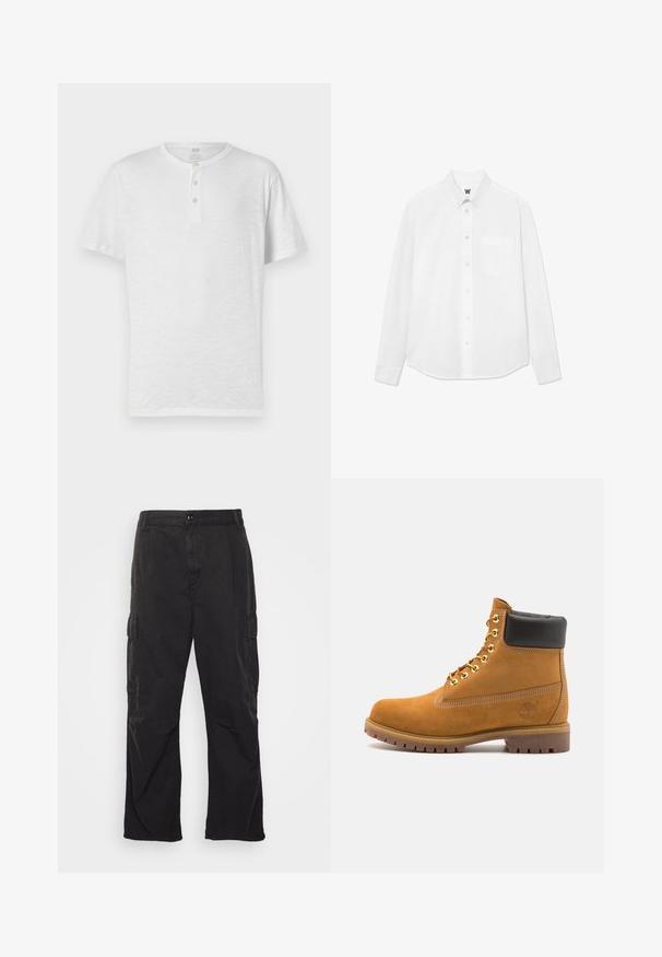 Valkoinen lyhythihainen henley-paita, jossa on kolme nappia, valmistettu kevyestä ja hieman teksturoidusta kankaasta. Pyöreä kaula-aukko, rento istuvuus.; Valkoinen pitkähihaisen napitetun paidan, jossa on kaulus, etutasku ja hienovarainen kangas. Edessä on nappilista ja pieni logoyksityiskohta.; Mustat cargo-housut suoralinjaisella muotoilulla, joissa on kaksi sivutaskua, nappikiinnitys ja teksturoitu kangas.; Valkoinen nahkainen nilkkuri mustalla pehmustetulla kauluksella, kultaisilla metallisilla rei'illä, valkoisella ompeluksella ja jykevällä kumipohjalla, jossa on selvästi näkyvät urat.