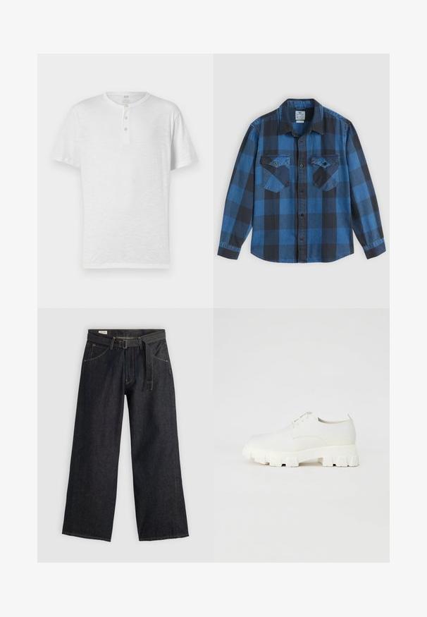 Hvit kortermet henley t-skjorte med tre-knapps placket, laget av lett, lett strukturert stoff. Rund hals, avslappet passform.; Blå og svart rutete flanellskjorte, lange ermer, knappestemming foran, to brystlommer, krage og en myk tekstur.; Mørk denim vidde bukser med belte i midjen, som har frontlommer og kontraststing. Glatt tekstur med et rent design.; Hvite snøresko med en jevn tekstur, som har en chunky, rillet såle og minimalistisk design. Subtil søm detalj på overdelen.