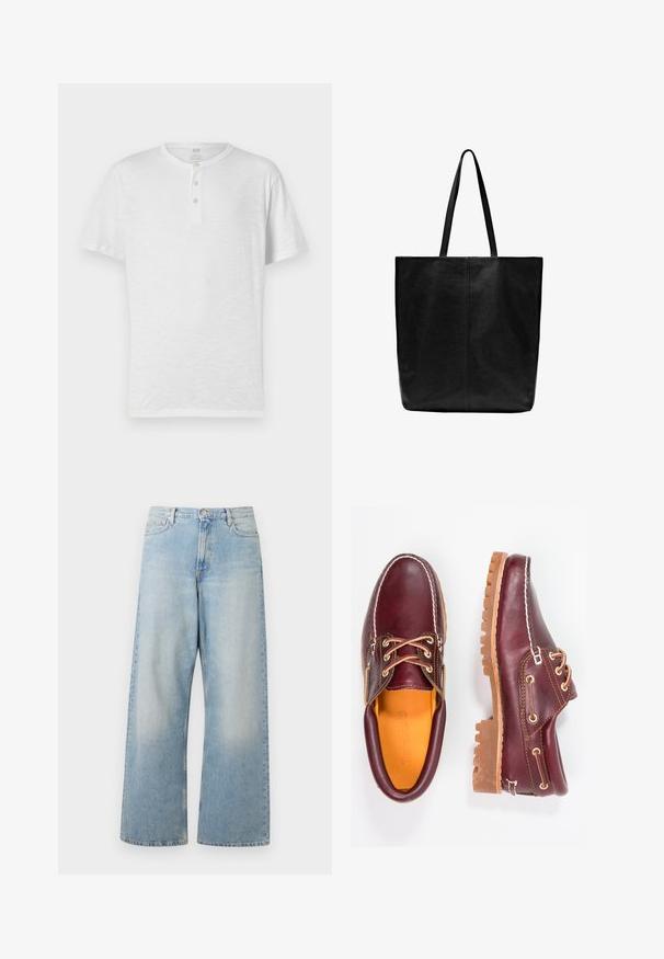 T-shirt henley bianco a maniche corte con placket a tre bottoni, realizzato in tessuto leggero e leggermente testurizzato. Collo rotondo, vestibilità casual.; Jeans a gamba larga di un blu chiaro realizzati in denim, con vita alta, tasche frontali e una finitura sbiadita con leggere sfumature all'altezza delle cosce.; Scarpe in pelle bordeaux con suole in gomma marrone, punta rotonda, cuciture bianche e occhielli dorati. L'interno presenta un rivestimento giallo.; Borsa a tracolla nera in pelle con manici lunghi e piatti. Design semplice, forma rettangolare, texture liscia e senza hardware o decorazioni visibili.