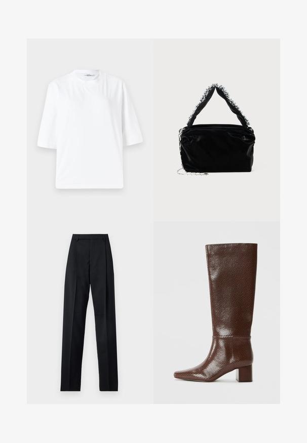 Valge lühikeste varrukatega T-särk, mis on valmistatud pehmest puuvillast. Omab ümmargust kaelust ja laia, mugavat lõiget. Ilma nähtavate mustriteta või aktsentideta.; Mustad püksid siledast kangast, millel on kõrge vöökoht, laiad jalad, esimesed kortsud ja klassikalised vööloopid. Küljepockets pole nähtavad.; Prune sääre kõrgune saabas, millel on maosnake mustriga tekstuur, ruudukujuline varvas ja plokknikk, valge tausta ees.; Must mustrepp nahkakäekott, millel on tekstuuriga viimistlus, esitades pehme hõbedase aktsendi pealt käepideme juures ja kettainet.