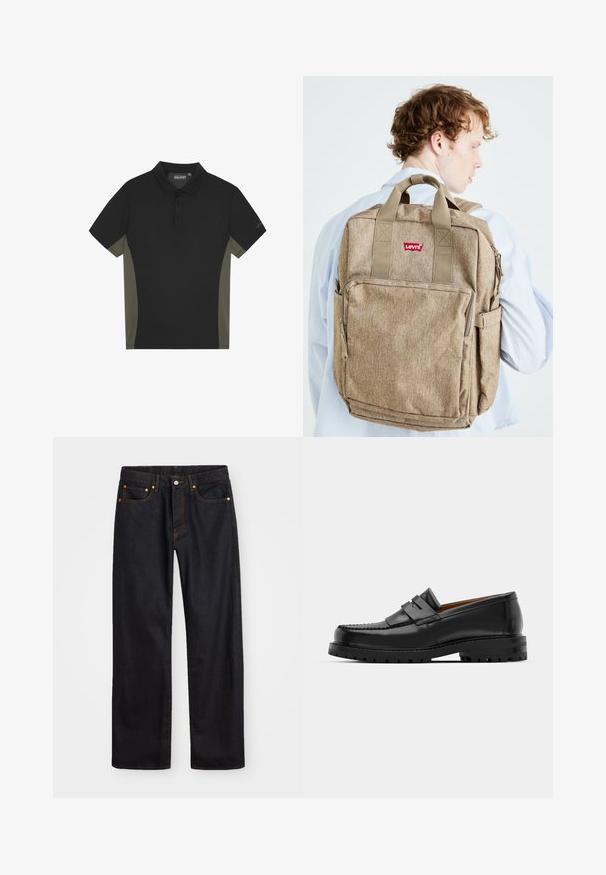 Melnā polo krekls ar olīvu zaļām sānu paneļiem, īsām piedurknēm, trīs pogu aizdari un zīmola logo uz piedurknes. Gluda auduma tekstūra.; Vīriešu taisno kāju melnie džinsi ar piecām kabatām un oranžu izšuvumu, ar pogu un zipa aizdari priekšējā jostas daļā.; Melni ādas loafers cepumi izceļas ar paceltu šuvu, divām dekoratīvām siksnām augšpusē un biezu teksturētu zoli labākai saķerei.; Brūnas auduma mugursoma ar vairākiem kabatām, izturīgiem siksnām un mazu sarkanu logo. Tam ir teksturēta virsma un taisnstūra forma.
