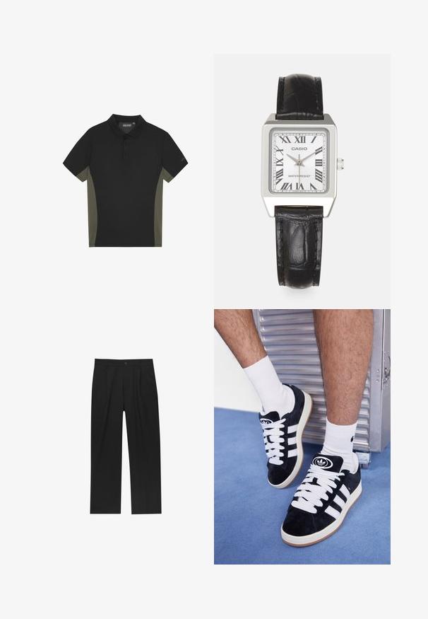 Polo negru cu panouri laterale de culoare verde măslin, mâneci scurte, clapetă cu trei butoane și logo-ul brandului pe mânecă. Textură de țesătură netedă.; Pantaloni negri cu un design drept, fabricați dintr-un material neted. Au plisse în față și un sistem de închidere cu un singur buton la talie.; Adidași negri din suede cu șireturi albe și trei dungi albe. Au un logo circular negru pe limbă și o talpă din cauciuc de tip gumă.; Ceas pătrat argintiu cu un cadran alb, cifre romane negre și textul "APĂ RESISTENT". Curea din piele neagră cu o finișare texturată.