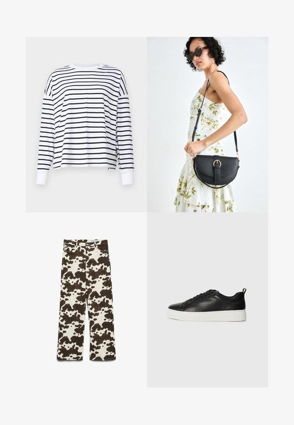 Abercrombie & Fitch Langarmshirt - dark blue/white; Lockere Baumwollhose mit einem braun-weißen Kuhflecken-Muster, fünf Taschen und einem Knopfverschluss an der Taille.; Schwarze niedrige Leder-Sneaker mit schwarzen Schnürsenkeln und dicker weißer Gummisohle, von der Außenseite auf weißem Hintergrund betrachtet.; Schwarze Lederhandtasche mit geschwungener Form, abnehmbarem Tragegurt und goldenen Beschlägen. Die Tasche verfügt über einen Deckel mit einer Schnallen-Details.