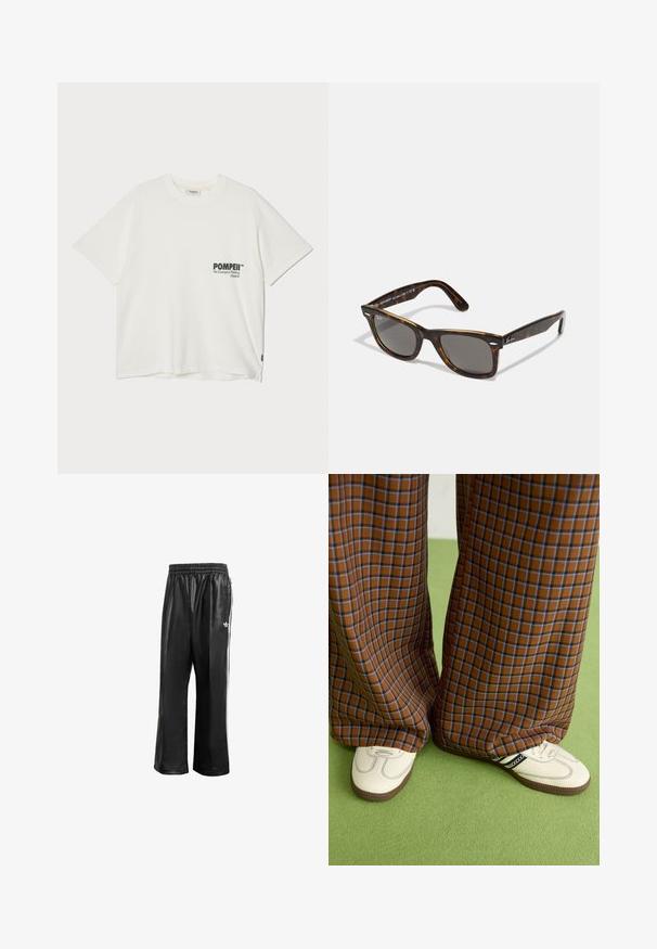 Pompeii BOXY TEE - Nyomott mintás póló - off-white; Fekete szintetikus tréningnadrág elasztikus derékkal, fehér oldalcsíkokkal és egy kis fehér logóval a bal csípőn.; Barna és kék kockás, bőrt lábú nadrág, fehér cipővel, fekete részletekkel és texturált talppal, zöld háttér előtt.; Tortminta napszemüveg szürke lencsékkel és négyzet alakú kerettel, fémes díszítésekkel a szárakon és logóval a dizájnban.