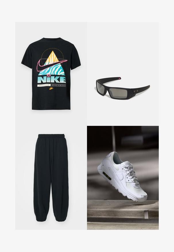Melna kokvilnas T-kreklu ar krāsainu ģeometrisku dizainu, kas ietver dzeltenu un zilu piramīdu, rozā Nike svītru un mirdzošu tekstu "Nike Precision Sportswear."; Melnas sporta bikses ar elastīgu jostasvietu, brīvu piegriezumu, aprocēm ap potītēm, gludu tekstūru, un bez redzamām rakstu vai aparatūras akcentiem.; Baltas Nike Air Max 90 sporta apavi ar sietu un ādas augšdaļu, caurspīdīgu pirksta daļu un redzamu gaisa vienību papēdī.; Melni saulesbrilles ar matētu apdari, taisnstūra lēcām, nedaudz izliektiem tempļiem, smalkiem logotipa elementiem un dūmu nokrāsas lēcām.