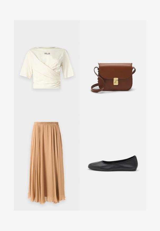 Cream short-sleeve top with a draped design, featuring a round neckline and visible black logo print on the back. Soft fabric texture.; Maxi skirt in light beige, made of flowy fabric. Features a gathered elastic waistband and soft pleats for movement.; Black leather ballet flat with a rounded toe, smooth texture, minimal stitching detail, and a flexible sole design.; Brown leather handbag with a flap closure, gold-tone hardware, a shoulder strap, and a smooth texture. Compact rectangular shape.