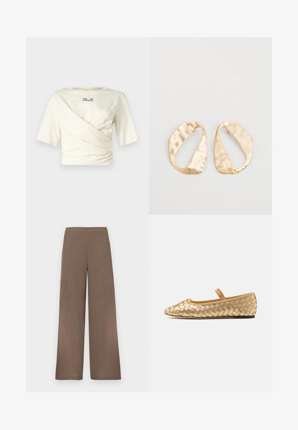 Cream short-sleeve top with a draped design, featuring a round neckline and visible black logo print on the back. Soft fabric texture.; Wide-leg brown trousers with flat waistband, no visible pockets or fastenings, displayed on a white background.; Loeffler Randall LEONIE SOFT BALLET FLAT - Ankle strap ballet pumps - gold; Pair of irregular oval-shaped gold-toned metal earrings with a textured, slightly hammered surface on a white background.