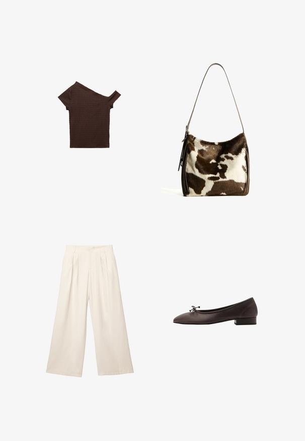 Brun tekstureret top med korte ærmer og asymmetrisk halsudskæring, lavet af et blødt materiale, med et subtilt krøllet design.; Mørkebrune langærmede bluse med dyb V-hals og lange brede bånd i tørklædestil hængende ned foran.; Løse bukser i en lys beige farve med et blødt, tekstureret stof. Har fremadskuende folder og en elastisk talje for en afslappet pasform.; Brune læder balletflade med rund tå og lille blokhæl. Har en tynd sløjfe foran og diskrete syningsdetaljer.; Brun og creme farvet koe læder skuldertaske med en glat læderrem, lynlås lukning og en blød, tekstureret overflade med et naturligt mønster.