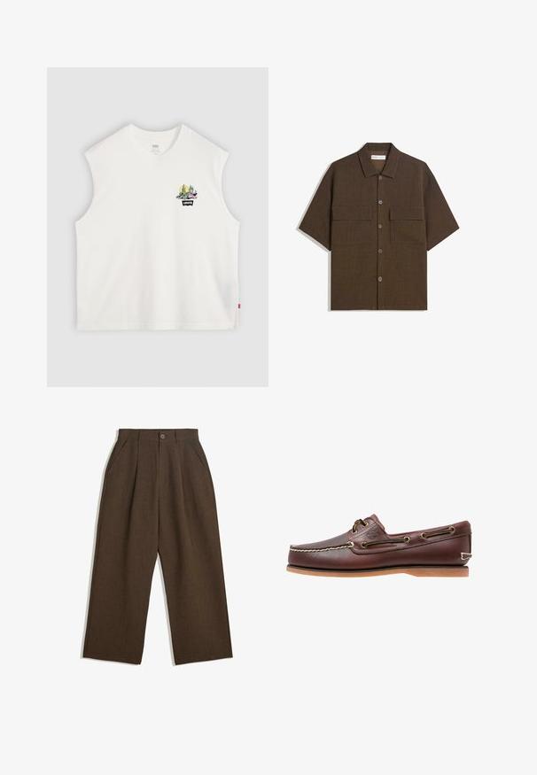 Witte mouwloze katoenen t-shirt met een kleurrijke cactusafbeelding en het "Levi's" logo op de voorkant. Schoon, eenvoudig ontwerp met een relaxed fit.; Korte mouwen, donkervogel shirt van textuurstof. Voorzien van een knoopsluiting aan de voorkant en twee borstzakken. Casual ontwerp met een relaxte pasvorm.; Bruine geplooide broeken met een wijdvallend ontwerp, voorzien van een knoopsluiting en zijzakken, gemaakt van een textiel dat geschikt is voor casual wear.; Bruine leren bootschoen met witte stiksels, bruine veters en een tan rubberen zool. Heeft een logo aan de zijkant en metalen oogjes voor de veters.