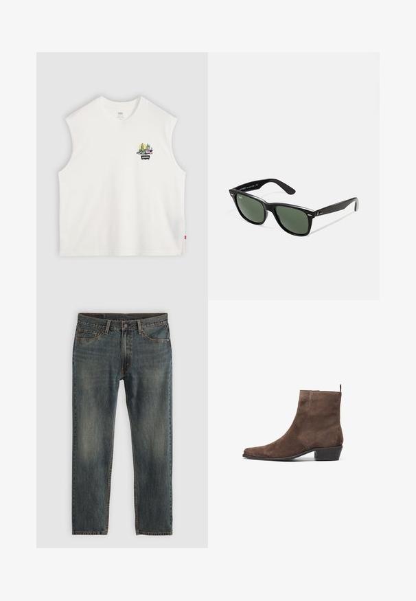 Bela brezrokavna bombažna majica s pisanimi grafičnimi motivi kaktusa in logotipom "Levi's" na sprednji strani. Čist in preprost dizajn s sproščenim krojem.; Modri jeans z ravnimi hlačnicami, ki imajo klasičen pet-pocket stil, poudarjene šive in rahlo zbledel videz.; Rjavi nubuk škornji do gležnjev s koničastim nosom, nizko blok peta in zanko na zadnji strani za lažje obuvanje. Gladka tekstura in preprost dizajn.; Črne plastične sončna očala z zelenimi lečami, kvadratni okvirji, srebrni detajl na obrvi in teksturirani ročaji. Blagovna znamka navedena na notranji strani ročaja.