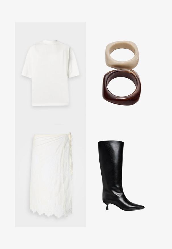 Maglietta bianca in cotone con maniche corte, collo rotondo e vestibilità comoda. Texture liscia, design semplice e senza motivi o accenti visibili.; Gonna avvolgente bianca con ricami in pizzo floreale, orlo a onde e chiusura laterale con lacci, esposta su uno sfondo semplice.; Stivale nero in pelle, alto fino al ginocchio, con punta affusolata, silhouette slim e tacco basso a blocco, con una finitura lucida.; Stradivarius SET - Bracciale - dark brown