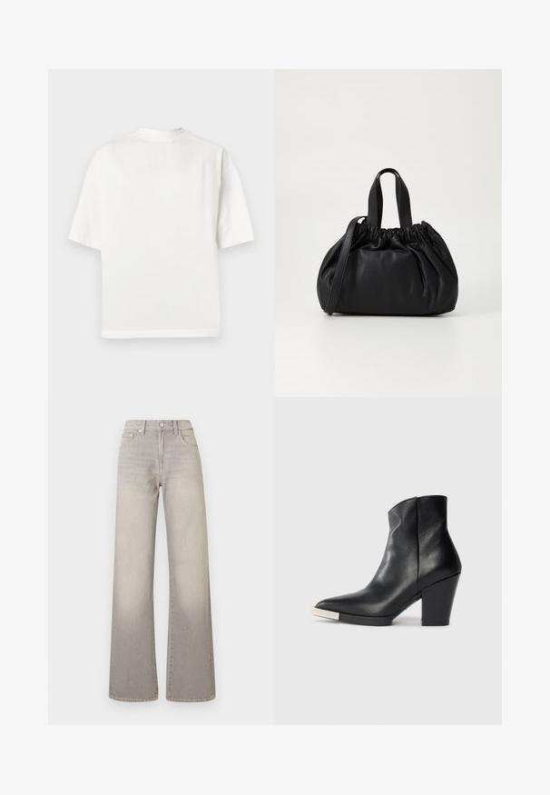 Maglietta bianca in cotone con maniche corte, collo rotondo e vestibilità comoda. Texture liscia, design semplice e senza motivi o accenti visibili.; Jeans grigi larghi con finitura sbiadita, chiusura con bottone, design a cinque tasche e cuciture decorative lungo le cuciture.; Stivale alla caviglia in pelle nera con punta affilata, tacco a blocco alto e dettaglio in metallo argentato sulla punta. Texture liscia e design semplice.; Borsa a tracolla in pelle nera con design a cima arricciata, dotata di due manici corti e di una lunga tracolla regolabile. Texture liscia, forma arrotondata.