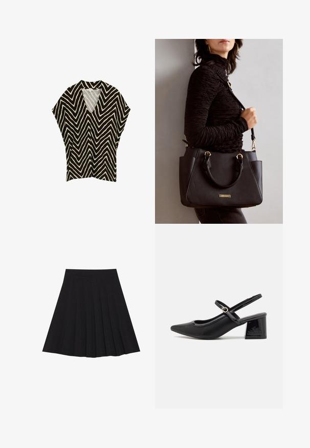 Zwarte en crèmekleurige top met een chevronpatroon, een V-hals, korte mouwen en een ontspannen pasvorm. Gemaakt van lichte, gestructureerde stof.; Zwarte plisseerok van een gestructureerde stof met een aansluitende tailleband. Valt tot op de knie en heeft een gladde, strakke silhouette.; Zwarte gepolijste leren slingback hakken met een spitse neus, een ronde uitsnede en een blokhak. Voorzien van een gouden gespaccent.; Zwarte handtas met gestructureerd oppervlak, dubbele bovenhandvatten en verstelbare schouderriem. Voorzien van goudkleurige hardware en zijzakken.