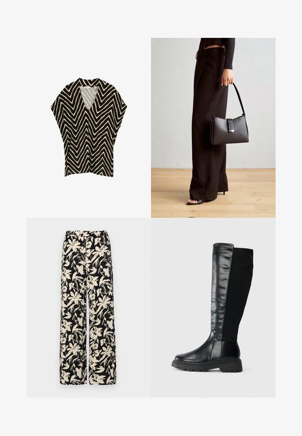 Zwarte en crèmekleurige top met een chevronpatroon, een V-hals, korte mouwen en een ontspannen pasvorm. Gemaakt van lichte, gestructureerde stof.; Zwarte wijde broek met een crèmekleurig bloemenpatroon. Gemaakt van lichtgewicht stof, met een zachte textuur en een hoge tailleband.; Zwarte kniehoge laarzen met een gladde leren voorkant en een stoffen achterkant, voorzien van een gestructureerde rubberen zool en een ronde neus.; Zwarte handtas met gestructureerde vorm, gladde textuur en een metalen sluiting. Gecombineerd met brede zwarte broeken en sandalen met open teen op een houten vloer.