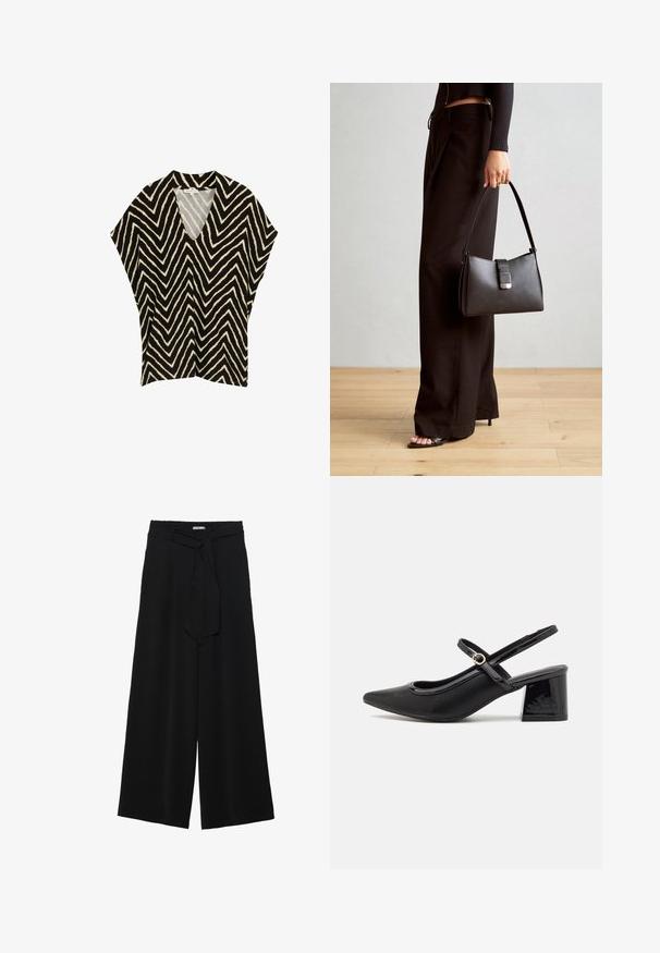 Haut noir et crème à motif en chevron avec un décolleté en V, des manches courtes et une coupe décontractée. Fabriqué en tissu léger et texturé.; Pantalons larges noirs en tissu texturé, avec une taille élastique et une ceinture à nouer amovible à la taille pour un ajustement variable.; Escarpins slingback en cuir verni noir avec un embout pointu, un design à découpes arrondies et un talon carré. Présente un accent de boucle en ton doré.; Sac à main noir à la forme structurée, texture lisse et fermoir métallique. Associé à un pantalon noir ample et des sandales ouvertes sur un sol en bois.