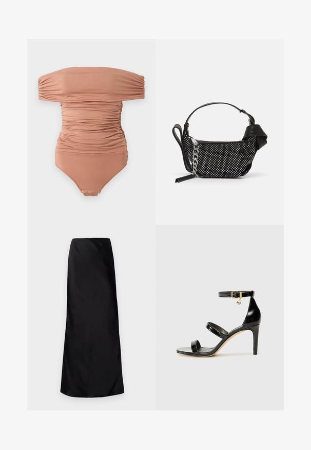 Off-the-shoulder, rynket bodysuit i dæmpet brun, lavet af glat stof; har trykknaplukning i bunden og en tætsiddende design.; Norma Kamali BIAS OBIE SKIRT - Maxinederdele - black; Sorte patenterede lædersandaler med tre stropper, ankelspænde og 10 cm stiletthæl. Har detaljer i guld og et logo charms.; Sort håndtaske med en struktureret overflade, prydet med sølvnitter og en kraftig sølv kædedyse. Har en slank, minimalistisk form.