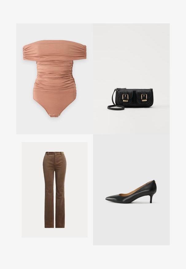 Off-the-shoulder, ruchet jumpsuit i dempet brun, laget av glatt stoff; har trykknappfeste nederst og en figurnær design.; Brune cordfløyelsbukser med rett ben-design, som har beltehemper, frontlommer og subtile vertikale ribber for tekstur.; Sorte lærpumpe med spiss tå, lav hæl og en glatt tekstur. Har en liten åpning foran og minimalt med beslag bak.; Svart skinn crossbody veske med to frontlommer, gyldne spenner, glidelåslukking og en slank stropp. Teksturert overflate og kompakt rektangulær form.
