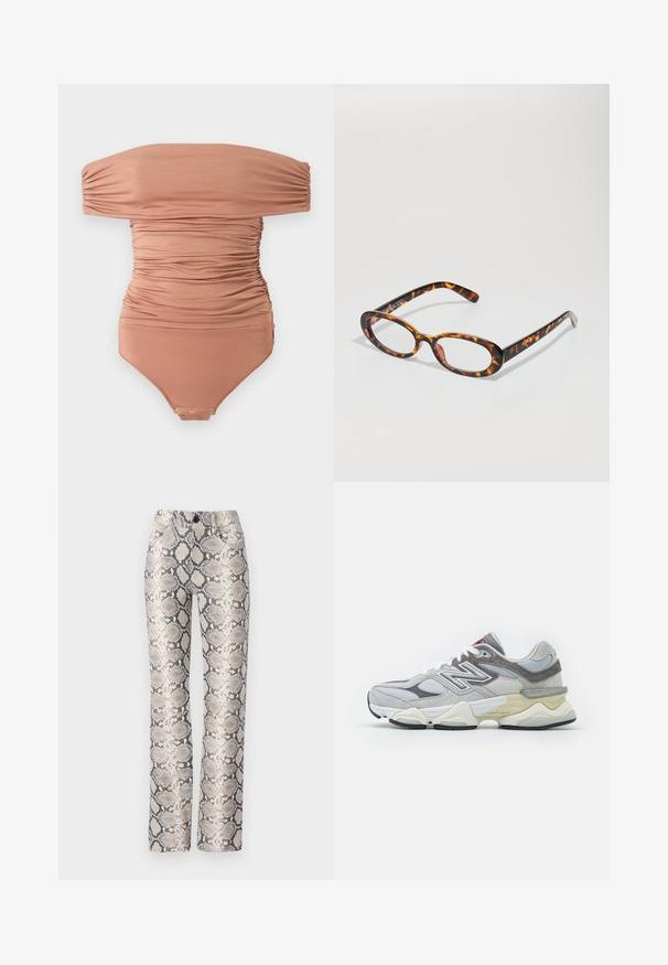 Schulterfreies, gerafftes Bodysuit in gedämpftem Braun, aus glattem Stoff; verfügt über einen Druckknopfverschluss im Schritt und ein figurbetontes Design.; Schlangenlederdruck-Hosen in einem beige-grauen Farbschema. Gerade geschnittenes Design mit einer strukturierten Oberfläche und Vorderaschen. Verfügt über einen Knopfverschluss.; Graue Wildleder- und Mesh-Sneaker mit einer dicken weißen und beigen Sohle, ausgestattet mit einem auffälligen weißen Logo und roten Akzentdetails.; Schildpattbrille mit ovalen Gläsern, glänzender Oberfläche, schlanken Bügeln und subtilen Mustern, die an die Streifen eines Tigers erinnern.