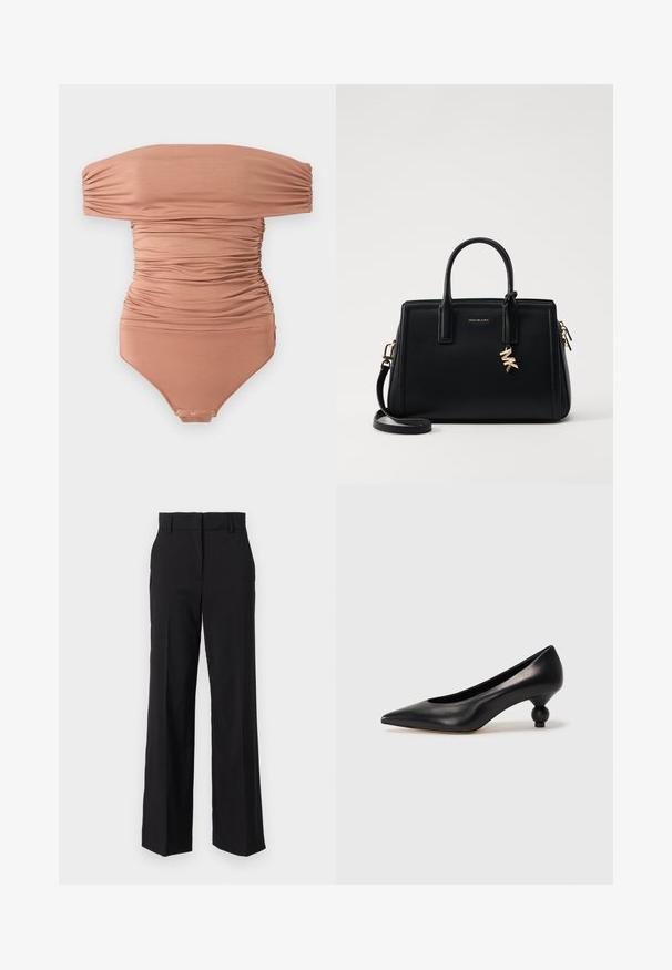 Bodysuit décolleté, froncé en marron doux, fabriqué en tissu lisse ; comprend une fermeture à pression en bas et un design ajusté.; Pantalons noirs sur mesure avec une coupe droite et large, doté d'une texture lisse et d'une taille plate avec passants de ceinture.; Chaussure à talon haut en cuir noir avec un bout pointu et un talon arrondi. Texture lisse avec un design épuré et minimal.; Sac à main en cuir noir avec un design structuré, deux poignées supérieures, une bandoulière amovible, des accessoires en or et un pendentif avec le logo.