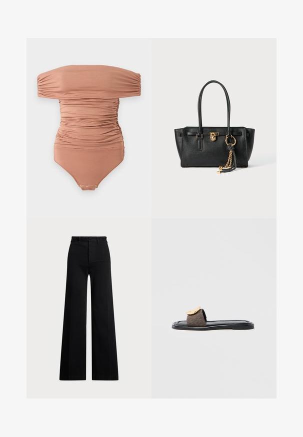 Off-the-shoulder, ruched bodysuit in muted brown, made of smooth fabric; features snap closure at the bottom and a form-fitting design.; Black wide-leg pants made of woven fabric, featuring a high waist, front button closure, and side pockets. Smooth texture with clean lines.; Open-toe slide sandal featuring a dark brown textured upper, black sole, and a prominent gold accent near the strap.; Black leather handbag with double handles, gold lock and chain detail, and black-and-white tassel accessory against white background.