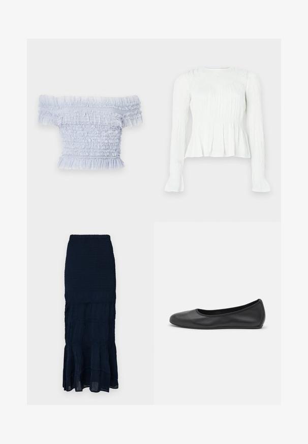 Top de culoare albastru deschis, fără umeri, confecționat din material smockat, cu margini volan și un design texturat, având accente moi și delicate.; Bluza albă cu mâneci lungi, cu detalii din material adunat, corset cu smocuri și manșete evazate, pe un fundal simplu.; Fustă midi bleumarin, cu pliuri smocate, tiv stratificat cu volane și țesătură texturată. Talie elastică pentru ajustare confortabilă.; Balerini din piele neagră, cu vârf rotund, textură netedă, detalii de cusătură minimale și un design al tălpii flexibil.