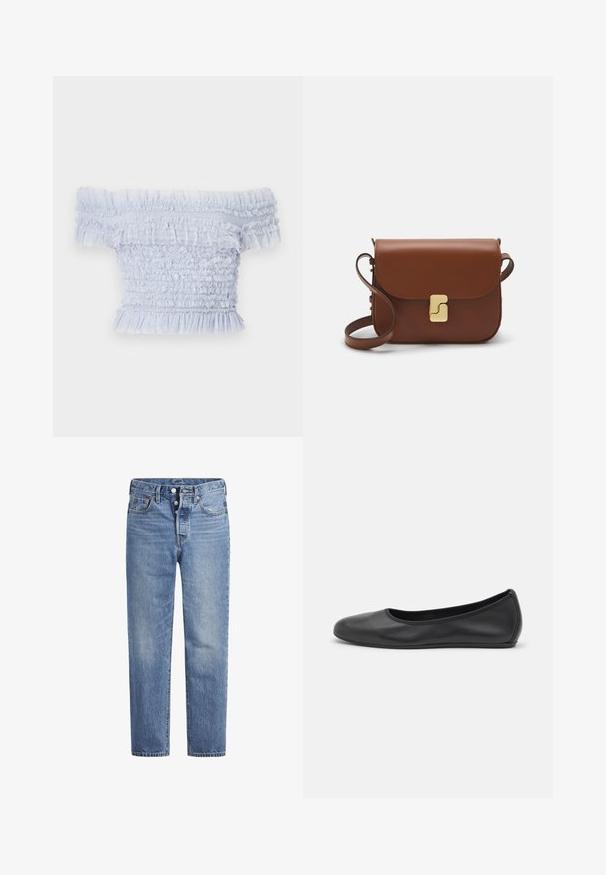 Hele sinine õlast avatud topp, mis on valmistatud kergest kangast, millel on volangservad ja tekstureeritud mustrit, pehmete ja delikaatsete aktsentidega.; Heled sinised teksad sirge lõikega, viie tasku disainiga ja nööpidega kinni. Omavad kerget pleekimist ja oranže õmblusi.; Musthave mustika tantsutossud mustast nahast, ümmarguse varbaga, siledast tekstuurist, minimaalse õmblusdetailiga ja paindliku tallakujundusega.; Pruunist nahast käekott, millel on klapiga sulgur, kuldne riistvara, õlarihm ja sile tekstuur. Kompaktne ristkülikukujuline vorm.