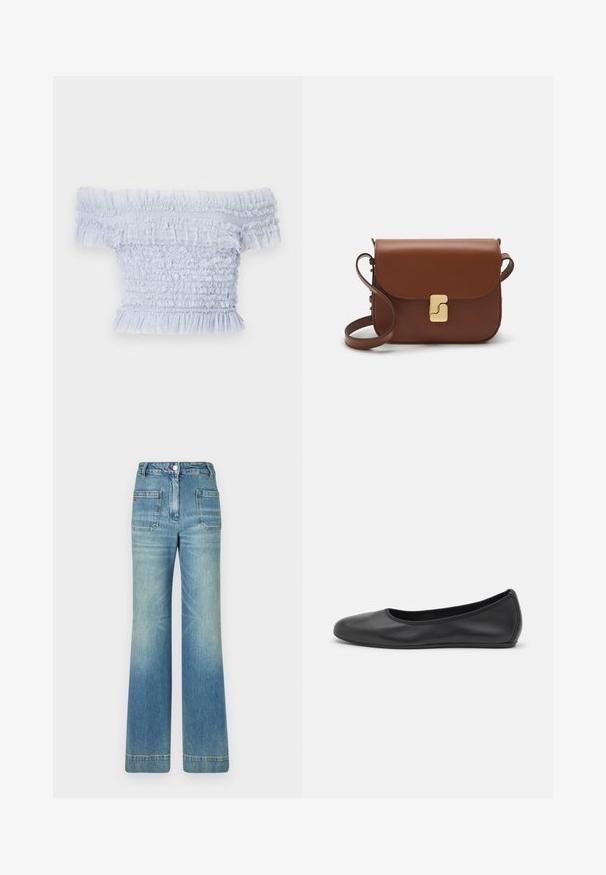 Hele sinine õlast avatud topp, mis on valmistatud kergest kangast, millel on volangservad ja tekstureeritud mustrit, pehmete ja delikaatsete aktsentidega.; Heledad sinine denimist laienevad teksad viie tasku, vöödega, nööbiga kinnitusega ja kergelt tuhmise tekstuuriga, tagaküljel punane logo detail.; Musthave mustika tantsutossud mustast nahast, ümmarguse varbaga, siledast tekstuurist, minimaalse õmblusdetailiga ja paindliku tallakujundusega.; Pruunist nahast käekott, millel on klapiga sulgur, kuldne riistvara, õlarihm ja sile tekstuur. Kompaktne ristkülikukujuline vorm.