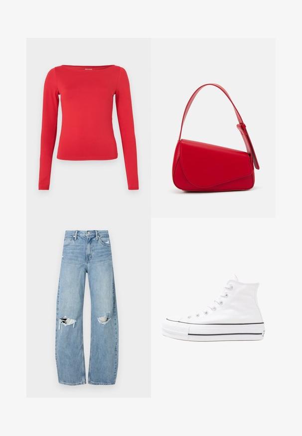 Rotes Langarmshirt mit Bootsausschnitt, figurbetonter Form und glatter Textur. Hergestellt aus dehnbarem Stoff für Komfort und Bewegungsfreiheit.; Helles, hochtailliertes Jeans aus Denim. Hat weit geschnittene Beine, zwei aufgerissene Kniebereiche und klassischen Fünf-Taschen-Stil.; Weiße hochwertige Leinensneaker mit schwarzer Gummisohle, vorderem Gummizehenschutz und sechs Ösen für Schnürsenkel, die ein sauberes, minimalistisches Design aufweisen.; Rote Lederhandtasche mit einem kantigen, geometrischen Design. Verfügt über einen verstellbaren Schulterriemen und einen Klappenverschluss mit genähten Details.