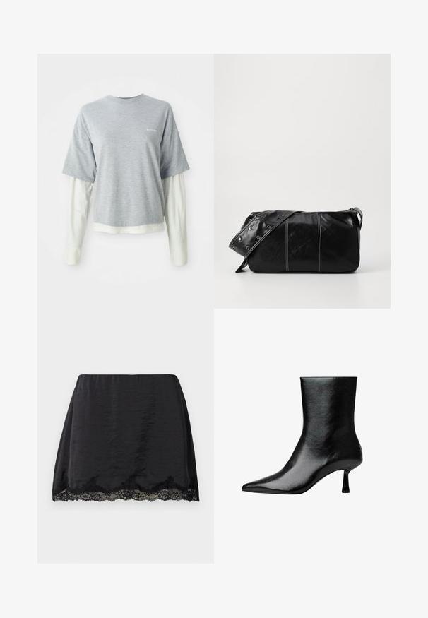Šedé tričko s krátkým rukávem navržené přes bílé tričko s dlouhým rukávem, obě vyrobená z měkké bavlny. Na hrudi se nachází malé logo.; Černá saténová mini sukně s přímým střihem, zdobená lemováním z vláčené krajky na okraji, hladkou texturou a elastickým pasem.; Černé kotníkové boty vyrobené z lesklé kůže s špičatou špičkou a úzkým podpatkem, se hladkým povrchem a minimalistickým designem.; Černá kožená kabelka přes rameno se zapínáním na zip, s texturovaným tělem, bílým prošíváním a popruhem se stříbrnými očky.