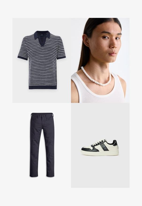 Tumedast lühikeste varrukatega polo särk V-kaelusega, millel on horisontaalsed valged triibud. Valmistatud pehmest kudumismaterjalist, millel on soonikkoes krae ja äär.; Tumedatest mereväest sinised teksad sirge jala lõikega, valmistatud siledast puuvillakangast. Omab viit taskut ja nööpkinnitust.; Nahatud nahkkingad musta ja kreemi värviskeemiga, millel on perforeeritud aktsendid, pehme krae ja tekstureeritud tallad.; Valge koorekaelakee, mis on valmistatud ebaregulaarsetest kujunditest, kantakse sobiva valge särkide ülaosa peal. Sile tekstuur kerge läikega, tihedalt istuv disain.