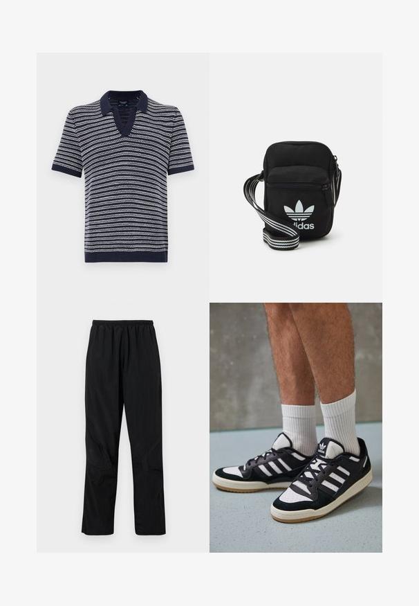Polo cu mânecă scurtă de culoare bleumarin, cu decolteu în V, având dungi orizontale albe. Fabricat dintr-un material tricotat moale, cu guler și tiv ribat.; Pantaloni negri din nailon, cu un elastic la talie, având un finisaj ușor și texturat, cu accente pe cusături pentru un design modern.; Adidași negri și albi cu un superior din suede și piele, prevăzuți cu trei dungi albe, un vârf perforat și o talpă din cauciuc caramel.; Geantă de umăr din material textil negru, cu închidere cu fermoar, având un logo Adidas alb și o curea ajustabilă cu dungi pentru o transportare ușoară.