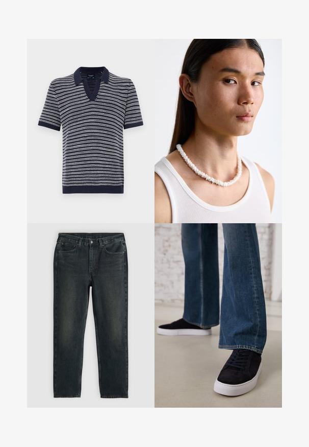 Marineblaues Polohemd mit kurzen Ärmeln und V-Ausschnitt, versehen mit horizontalen weißen Streifen. Hergestellt aus weichem Strickmaterial mit geripptem Kragen und Saum.; Dunkelblaue Jeans aus Denim mit geradem Bein, fünf Taschen, Reißverschluss und kontrastierenden Nähten. Dezente Ausbleichungen im Stoff.; Dunkelblaue Wildleder-Sneaker mit einer weißen Gummisohle und Schnürsenkeln, kombiniert mit weit geschnittenen Jeans in einem mittelblauen Waschung.; Weißes Muschelkette, die aus unregelmäßigen Formen besteht, getragen über einem enganliegenden weißen Tanktop. Glatte Textur mit subtiler Schattierung, körpernahe Passform.