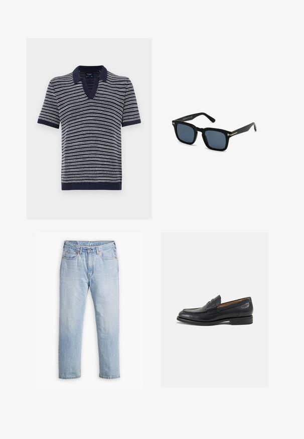 Námořnická polokošile s krátkým rukávem a výstřihem do V, se vzorem vodorovných bílých pruhů. Vyrobena z měkkého pleteného materiálu s žebrovaným límcem a lemem.; Světle modré džíny z denimu s rovnými nohavicemi, pětikapsovým stylem a kontrastním prošitím. Zapínání na knoflík a zip v pase.; Černé kožené mokasíny s hladkým povrchem, zaoblenou špičkou a dekorativním prošíváním na svršku. Nízký podpatka a mírný lesk.; Černé sluneční brýle čtvercového tvaru s tmavými skly, matným povrchem a zlatými kovovými akcenty na spáncích, vyznačující se minimalistickým designem.