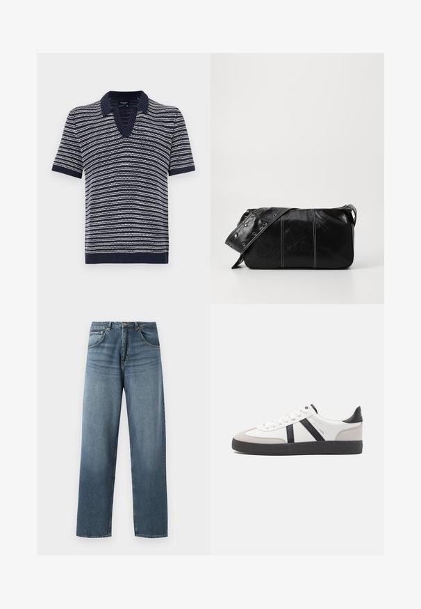 Polo shirt à manches courtes marine avec un col en V, présentant des rayures blanches horizontales. Fabriqué en matériau tricoté doux avec un col et un ourlet côtelés.; Jean en denim bleu à jambe droite avec un délavage, présentant un design à cinq poches, un bouton en métal et des passants de ceinture. Tissu structuré de poids moyen.; Baskets blanches avec des accents noirs et gris, présentant un embout texturé gris, une semelle en caoutchouc noir et des lacets plats blancs. Design épuré, style minimaliste.; Sac à épaule en cuir noir avec une fermeture éclair, doté d'un corps texturé, de coutures blanches et d'une sangle avec des œillets en argent.