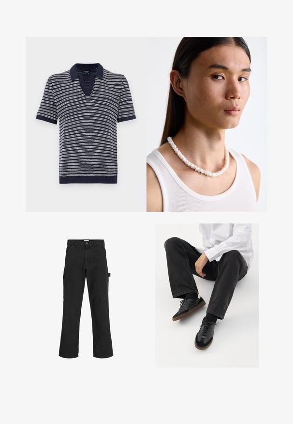 Námornícky polo tričko s krátkymi rukávmi a výstrihom do V, so horizontálnymi bielymi pruhmi. Vyrobené z mäkkej pleteniny s rebrovaným golierom a lemom.; Čierne cargo nohavice z bavlnenej zmesi. Majú široké nohy, predné šikmé vrecká a bočné vrecko s očkom na doplnky.; Čierne tenisky s hladkým a textúrovaným zvrškom, s gumovou podrážkou a tmavými šnúrkami. Kombinované s čiernymi džínsami a bielo-prúžkovanou košeľou.; Biele náhrdelník z mušlí pozostávajúci z nepravidelných tvarov, nosený cez priliehavé biele tielko. Hladký povrch s jemným leskom, tesne priliehajúce prevedenie.