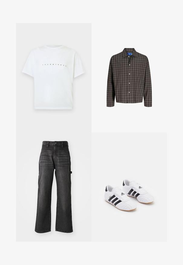 Camiseta de algodón blanca de manga corta con "JACK & JONES" impreso en el pecho en letras negras pequeñas y espaciadas.; Camisa a cuadros marrón y negro con cuello abotonado y un solo bolsillo en el pecho, mostrada frontalmente sobre un fondo blanco.; Pantalones de mezclilla negros de pierna ancha, hechos de algodón suave con un acabado desgastado. Cuenta con un cierre de botón en la parte delantera y bolsillos laterales.; Zapatillas deportivas blancas con rayas negras, con una textura parecida al ante, punta redondeada y una correa de Velcro. Suela de goma para tracción.