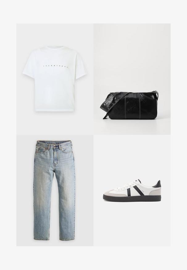T-shirt in cotone bianco a maniche corte con "JACK & JONES" stampato sul petto in lettere nere piccole e distanziate.; Jeans in denim azzurro chiaro con vita alta, bottone anteriore, cerniera e design a cinque tasche, adagiati su uno sfondo neutro.; Sneaker bianco con accenti neri e grigi, dotata di una punta grigia testurizzata, suola in gomma nera e lacci bianchi piatti. Design pulito, stile minimalista.; Borsa a spalla in pelle nera con chiusura a zip, caratterizzata da un corpo testurizzato, cuciture bianche e una tracolla con occhielli in argento.