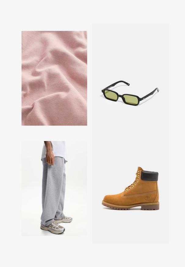 Tivă moale, texturată, de culoare roz, cu un model tricotat, prezentând pliuri și drapaje delicate. Ideală pentru îmbrăcăminte sau îmbrăcăminte moale.; Pantaloni de trening gri, confecționați dintr-un material moale, cu o croială lejeră și talie elastică. Asortați cu sneakersi sport bej și gri.; Cizmă de gleznă din întoarsă de culoare bej, cu guler negru căptușit, ochiuri din metal auriu, detalii de cusătură albă și talpă din cauciuc robustă, cu un model pronunțat.; Ochelari de soare negri cu un design unghiular, lentile cu nuanță verde și rame din plastic neted. Prezintă accente aurii pe tâmple.