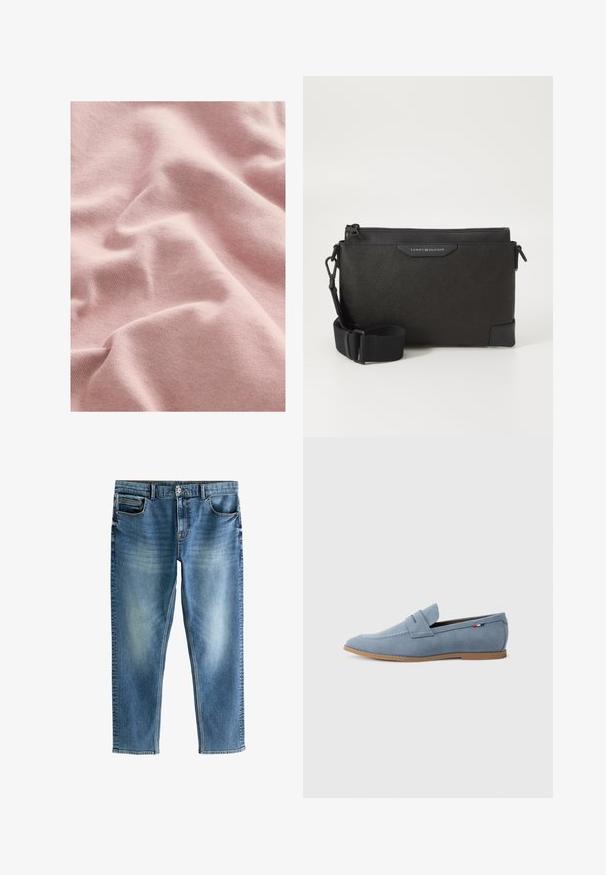 Mīksts, teksturēts rozā audums ar adījuma rakstu, kurā redzami maigi krokas un ļengans izskats. Ideāls apģērbam vai mīkstām mēbelēm.; Zili džinsi ar taisnu piegriezumu, piecām kabatām, ar vieglu izbalēšanu uz kājām un kontrastējošu šuvju šuvēm.; Gaiši zilas zamšādas mokasīni ar gludu faktūru, dekoratīvo izšuvumu un brūnu gumijas zoli. Augšdaļā ir penny slot dizains.; Melna ādas krusts soma ar teksturētu apdari, aprīkota ar rāvējslēdzēja aizdari un regulējamu siksnu. Priekšpusē logo uzlīme. Taisnstūra forma.