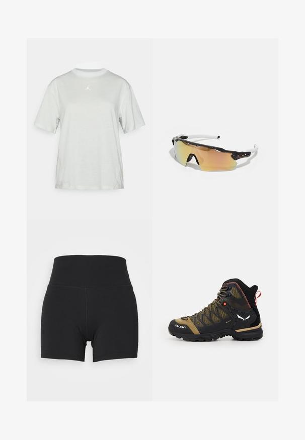 Camiseta de manga corta en gris claro, hecha de un tejido transpirable, con escote redondo y un logo Jumpman blanco en el pecho. Textura suave.; Pantalones cortos deportivos negros con una cinturilla elástica alta, elaborados con un tejido suave y elástico. Presentan un diseño ajustado y detalles de costura mínimos.; Bota de senderismo de altura media en negro y verde oliva, con parte superior de malla, suela de goma y acentos texturizados, además de una pestaña trasera para tirar.; Gafas de sol con montura en blanco y negro, lentes grandes espejados en tonos dorados y rosas, diseño aerodinámico y un borde exterior ampliado.