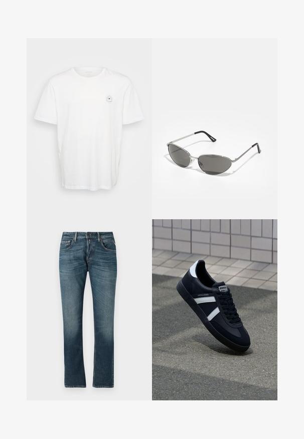 Bijela pamučna majica s okruglim izrezom i kratkim rukavima. Istaknuti grafički dizajn oka okruženog zrakama na lijevoj strani prsa.; Plave traperice sa ravnim krojem, izblijedjelim pranjem, pet dzepova i kontrastnim šavovima. Zatvaranje na dugme i patentni zatvarač.; Crne kožne tenisice s bijelim prugama, strukturirana gumena potplate i vezanjem sprijeda. Ima oznaku brenda na jeziku.; Naočale s modernim srebrnim metalnim okvirom, sivo zaštićenim lećama i aerodinamičnim dizajnom sa oštrim ivicama i tankim nogicama.