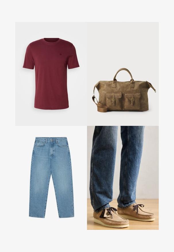 Burgundy crew neck t-shirt in cotton blend with short sleeves. Features a small embroidered logo on the chest and smooth texture.; Light blue denim jeans with a straight-leg cut, five-pocket design, and a slightly faded texture. Features a button and zipper closure.; Suede moccasins in tan with dark brown accent, rounded toe, and plush white sole. Features lace-up design and stitched detailing.; Brown leather duffel bag with two front pockets, adjustable shoulder strap, gold hardware, and sturdy top handles. Smooth texture.